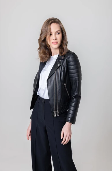 ARWEN KADIN SİYAH DERİ KORUMALI MONT - 4