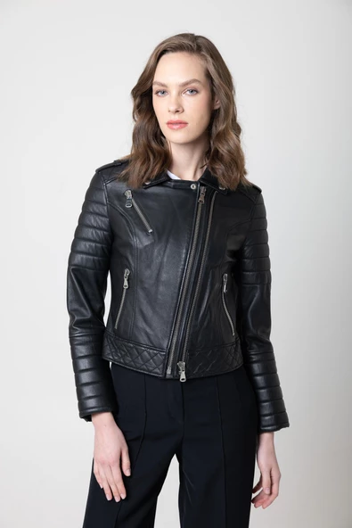 ARWEN KADIN SİYAH DERİ KORUMALI MONT - 7