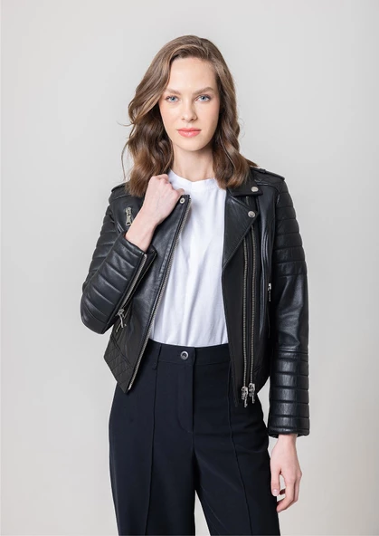 ARWEN KADIN SİYAH DERİ KORUMALI MONT - 6