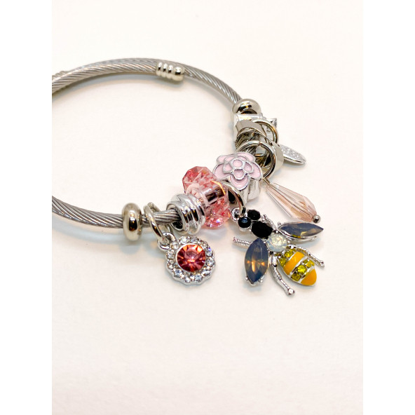 Kadın Rodyum Kaplama Arı Charm Sallantılı Bileklik - 3