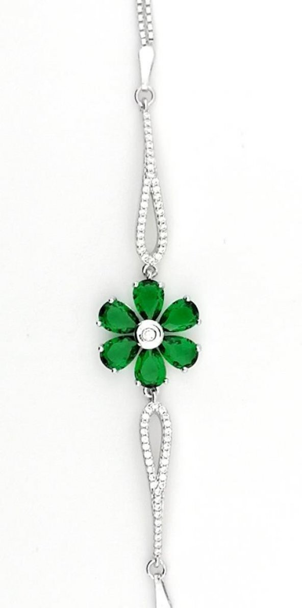 Zümrüt Yeşili Çiçek Tasarımlı Gümüş Bileklik 18 CM ürün görseli 1