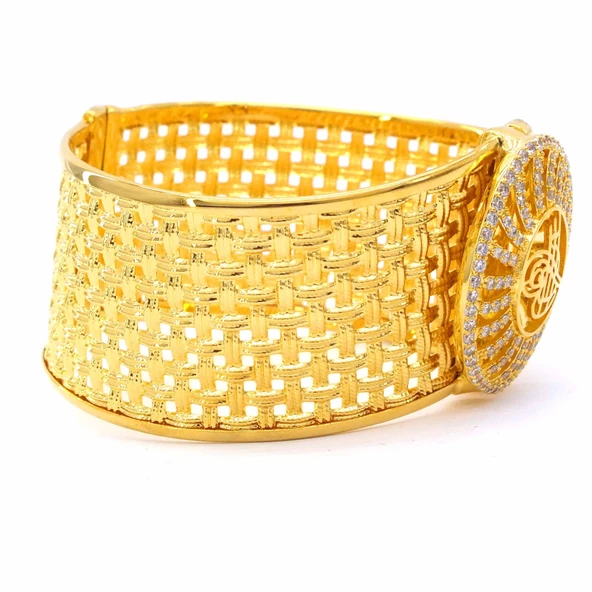 İmitasyon Trabzon Hasırı Altın Kaplama Sepet Örme Tuğralı Kelepçe BLZ-204 - Resim 2