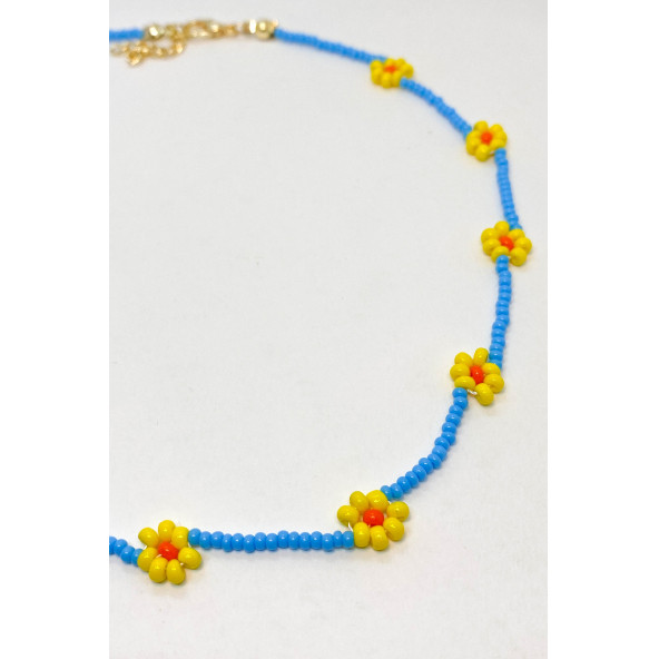 Kadın Mavi Boncuklu Papatya Kolye - 2