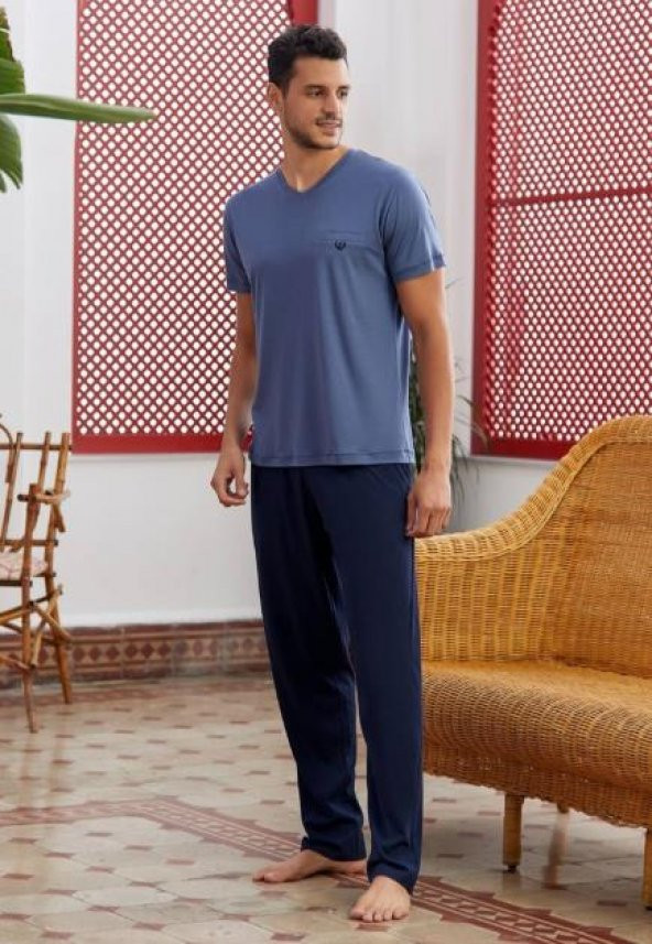 Eros 100 Pamuk 3lü Pijama Takımı V Yaka Kısa Kol Erkek Hediyelik Damat - Açık Mavi