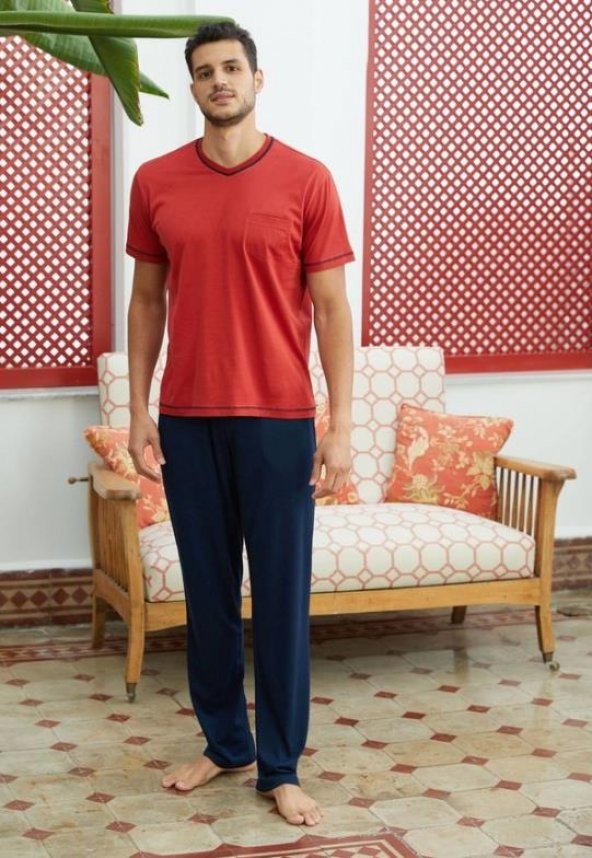 Eros 100 Pamuk 2li Pijama Takımı V Yaka Kısa Kol Erkek Hediyelik Damat - Kiremit Kırmızı