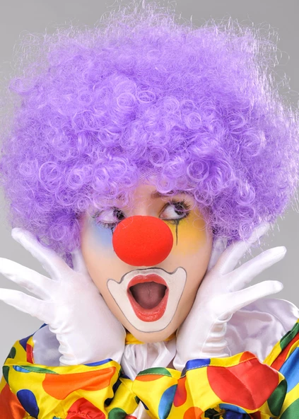 Nessiworld Mor Renk Kıvırcık Afro Bonus Peruk Takma Saç ve Kırmızı Burun Seti