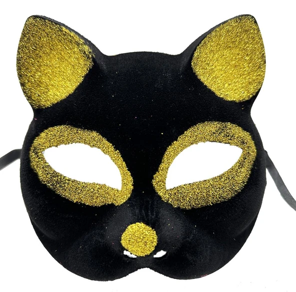 Nessiworld   Siyah Renk Gold Simli Süet Kaplama Kedi Maskesi 18x14 cm - 3