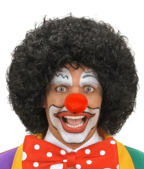NessiWorld Siyah Renk Kıvırcık Afro Bonus Peruk Saç ve Kırmızı Sünger Burun Seti