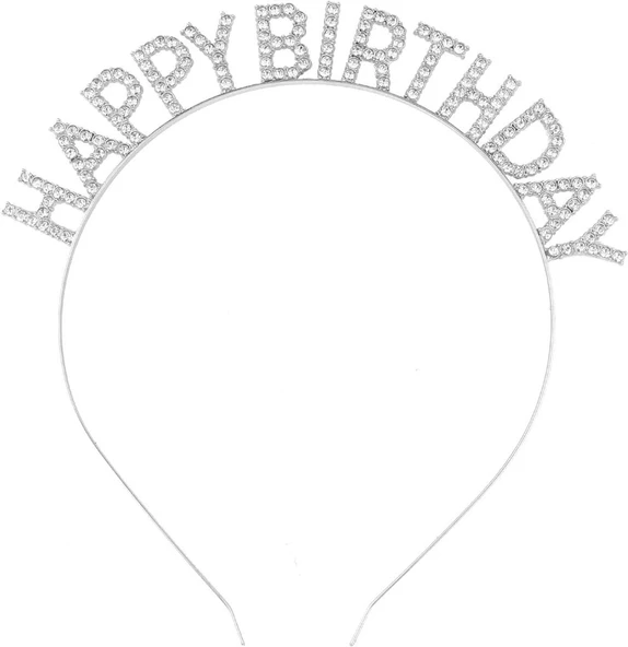 Nessiworld   Gümüş Kristal Taşlı Happy Birthday Doğum Günü Tacı İthal Ürün A Kalite 17x16 cm
