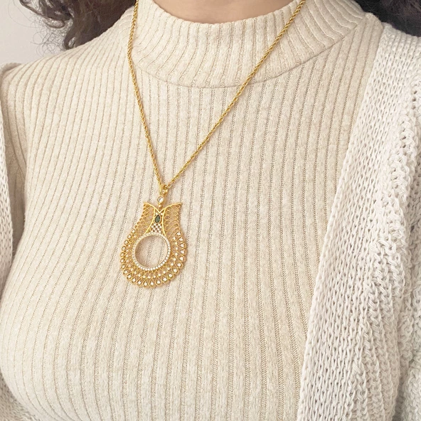 Altın Kaplama Zirkon Taşlı Lale Model Yarım Çerçeve Kolye Ucu TGR-368 - Resim 2