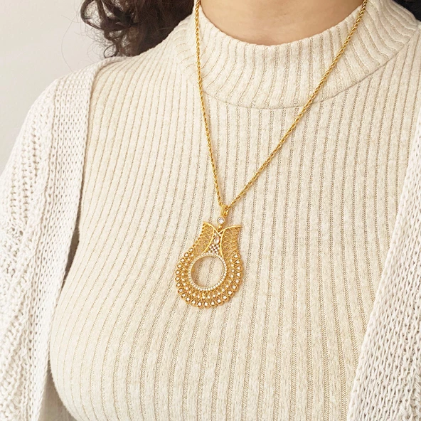 Altın Kaplama Zirkon Taşlı Lale Model Yarım Çerçeve Kolye Ucu TGR-371 - Resim 2