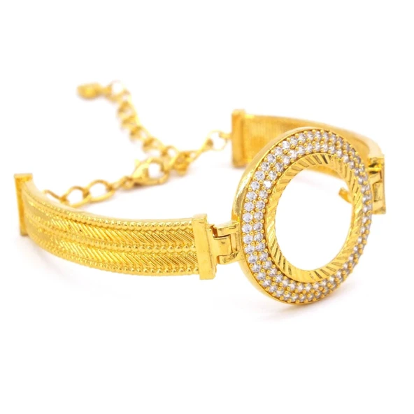 Çeyrekli Çerçeve Bileklik Altın Kaplama İki Sıra Zirkon Taşlı Kelepçe BLZ-260 - Resim 3