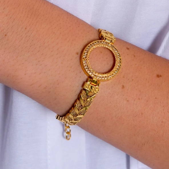 Çeyrekli Çerçeve Bileklik Altın Kaplama Zirkon Taşlı Kelepçe BLZ-262 - Resim 2