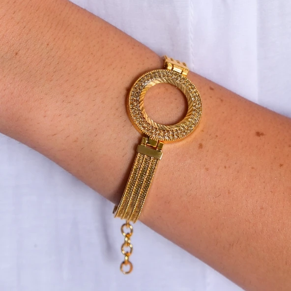 Çeyrekli Çerçeve Bileklik Altın Kaplama İki Sıra Zirkon Taşlı Kelepçe BLZ-260 - Resim 2
