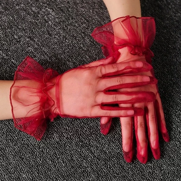 Kısa Boy Likralı Güpürlü Yetişkin Tül Eldiven Kırmızı Renk - 4