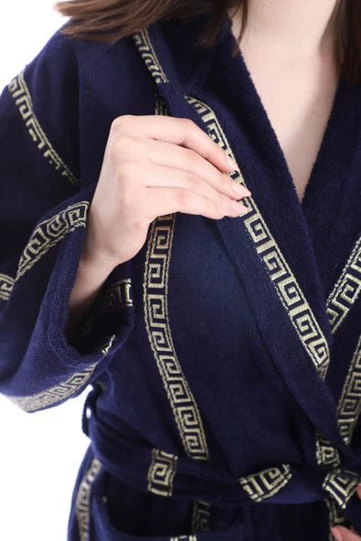 Lacivert Jagarlı Kapşonlu Bornoz - 5