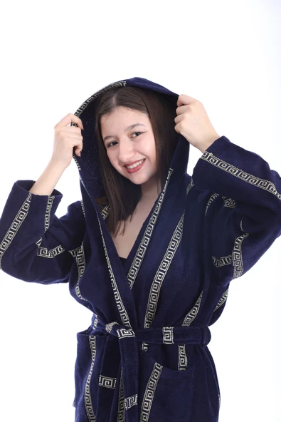 Lacivert Jagarlı Kapşonlu Bornoz - 3