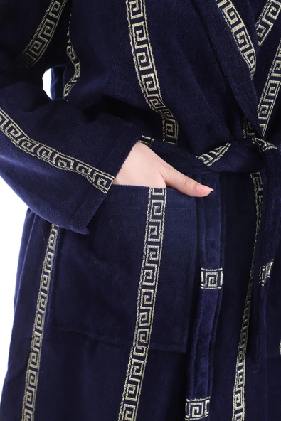 Lacivert Jagarlı Kapşonlu Bornoz - 4
