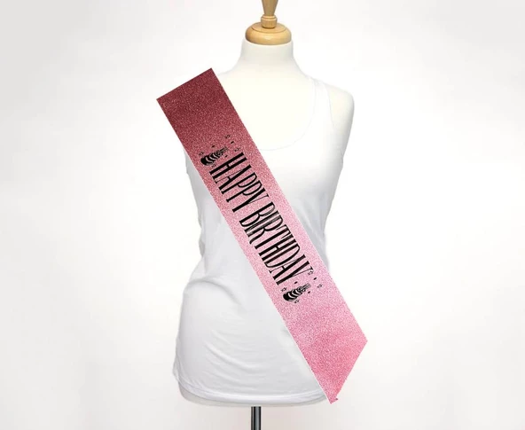 NessiWorld Pembe Üzeri Siyah Büyük Happy Birthday Yazılı Simli Işıltılı Kuşak Kemer 10 cm Genişlik