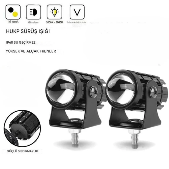 1 Adet Motosiklet Scooter  ATV Uyumlu Mercekli Sis Farı Sarı-Beyaz Çift Renk 12V 50W - 4