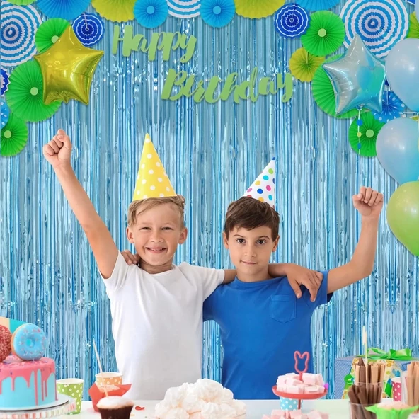 Açık Mavi Renk Ekstra Metalize Parlak Saçaklı Arka Fon Perde İthal A Kalite 1x2 Metre - Resim 2