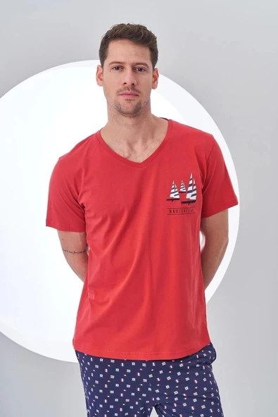 Pjs 24307 Erkek Bordo V Yaka Yelken Baskılı Kısa Kol Pijama Takımı - 4