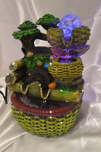 Su Şelalesi Doğa Çift Oluklu Sepet Feng Shui Akan Su Objesi Led Işık Lı - Resim 2