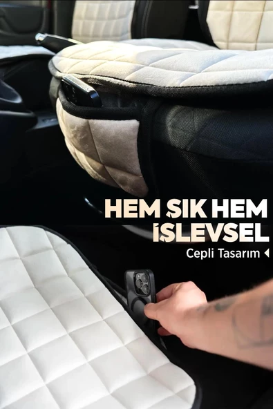 Togg T10X Bej Renk Tay Tüyü Cepli & Terletmez Sırtlı Oto Koltuk Minder Seti - Koltuk Koruma Kılıfı (ÖN & ARKA TAM SET) - 6