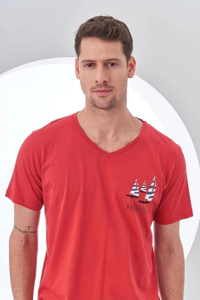 Pjs 24307 Erkek Bordo V Yaka Yelken Baskılı Kısa Kol Pijama Takımı - 5