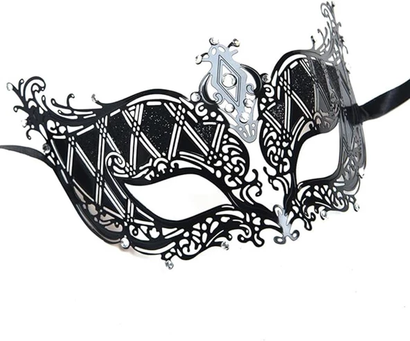 Nessiworld  Kristal Gümüş Taşlı Siyah Renk Metal Lüks Maske Balo Parti - 2