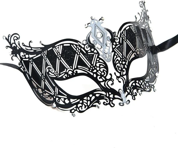 Nessiworld  Kristal Gümüş Taşlı Siyah Renk Metal Lüks Maske Balo Parti - 6