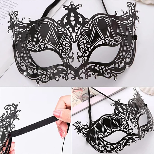 Nessiworld  Kristal Gümüş Taşlı Siyah Renk Metal Lüks Maske Balo Parti - 1