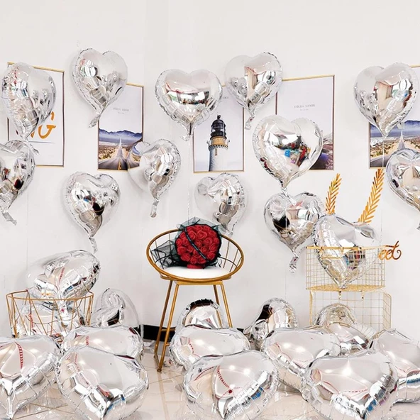 Nessiworld Metalize Parlak Gümüş Şekilli Kalp Uçan Balon Folyo 45 cm 10 Adet - 2