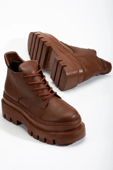 Jayle Kahve Cilt Yüksek Topuk Detaylı Bağcıklı Kadın Bot - Resim 2