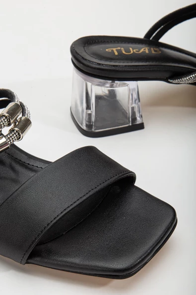 Lissen Siyah Tek Bantlı Taşlı Cilt Alçak Topuklu Ayakkabı - Resim 3