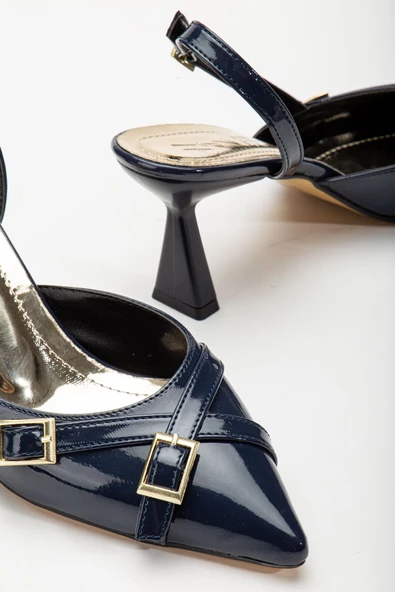 Mary Jane Lacivert Rugan Arkası Açık Sivri Burunlu Kadın Topuklu Ayakkabı - Resim 3