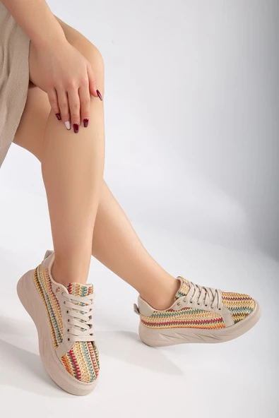 Mavis Krem - Renkli Kalın Tabanlı Hasır Detaylı Sneakers - 2