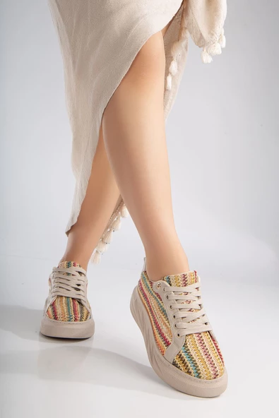 Mavis Krem - Renkli Kalın Tabanlı Hasır Detaylı Sneakers - 3