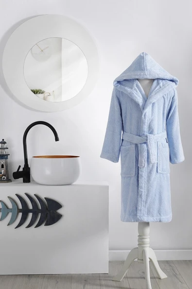 Özdilek Ashley Kapüşonlu Bambu Çocuk Bornozu 3/4 Yaş-Mavi