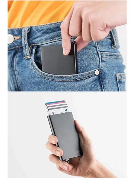 Trend Unisex Siyah Deri Rfid,engelleyici Otomatik Alüminyum Mekanizmalı Kartvizitlik - 3