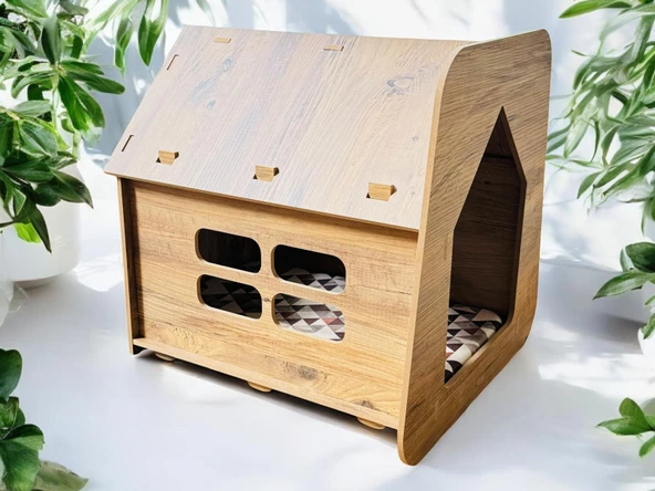 ED PET DİZAYN Caramel 30x50 Kedi Köpek Evi , Atlantik Çam Renk ,Yıkanabilir Kumaş Minderi Ile Beraber - 3