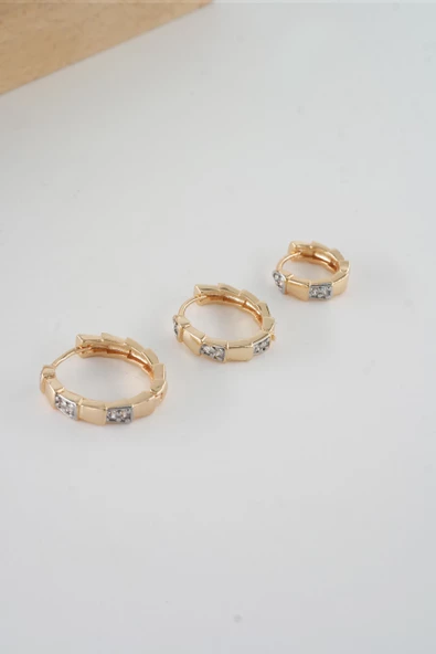 Kadın Vip Seri  Antialerjik Baget Zirkon Taşlı  Rodajlı 2 Renk 3'lü Küpe - Resim 3