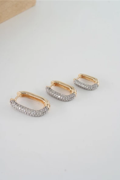 Kadın Vip Seri  Antialerjik Baget Zirkon Taşlı  Rodajlı 2 Renk 3'lü Küpe - Resim 3