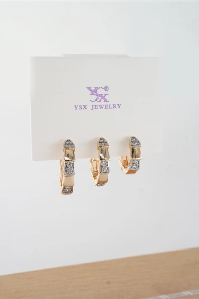 Kadın Vip Seri  Antialerjik Baget Zirkon Taşlı  Rodajlı 2 Renk 3'lü Küpe ürün görseli