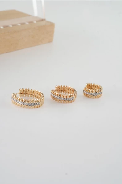 Kadın Vip Seri  Antialerjik Baget Zirkon Taşlı  Rodajlı 2 Renk 3'lü Küpe - Resim 2