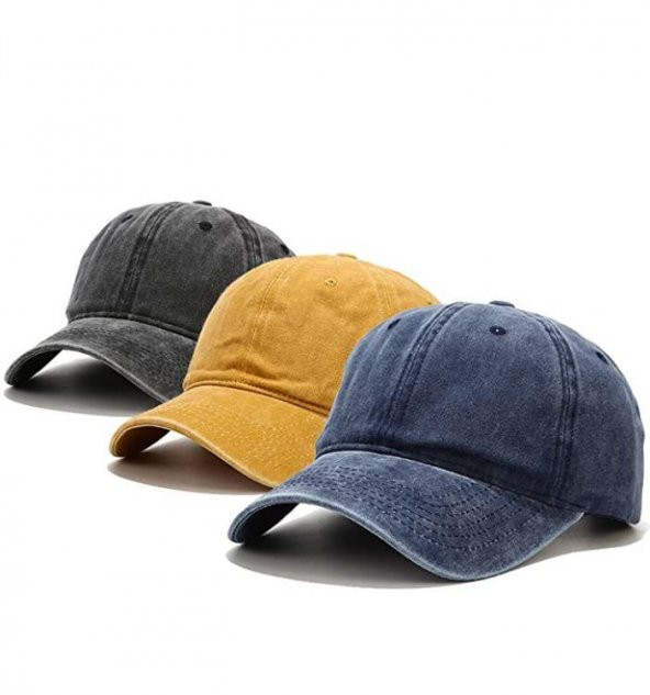 Perlotus Pamuklu Eskitme 3lü Şapka Kombini Sarı Siyah Lacivert