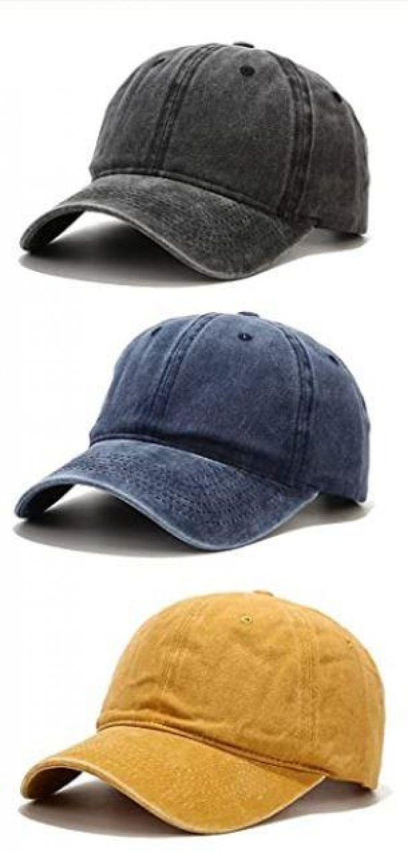 Perlotus Pamuklu Eskitme 3lü Şapka Kombini Sarı Siyah Lacivert - 4