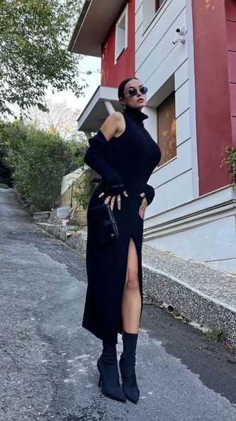 Bolerolu Boğazlı Uzun Elbise 2 Li Triko Takım - Siyah - 4