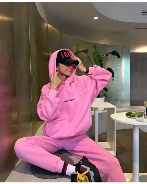 Nakış İşlemeli  Sweat Takım- Pembe - 3