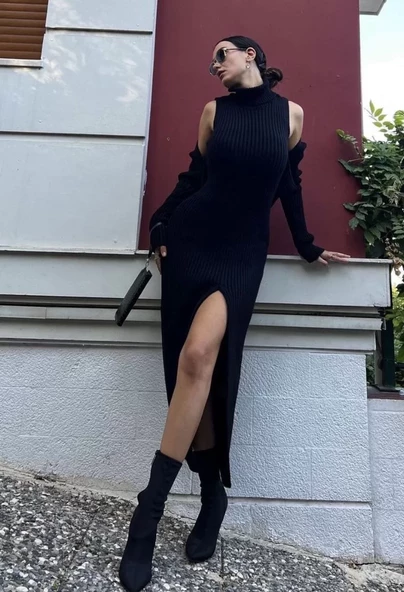 Bolerolu Boğazlı Uzun Elbise 2 Li Triko Takım - Siyah - 3